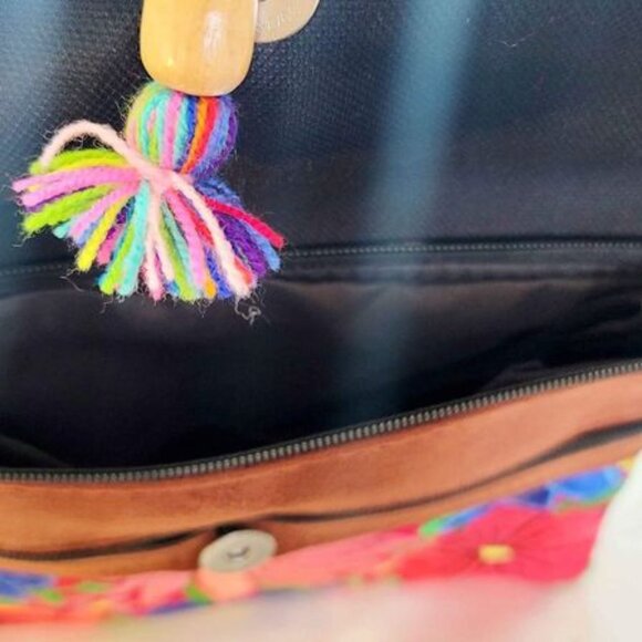 Handbag Faux Suede Multicolor Floral Embroidered Shoulder Tote Bag - Picture 3 of 4